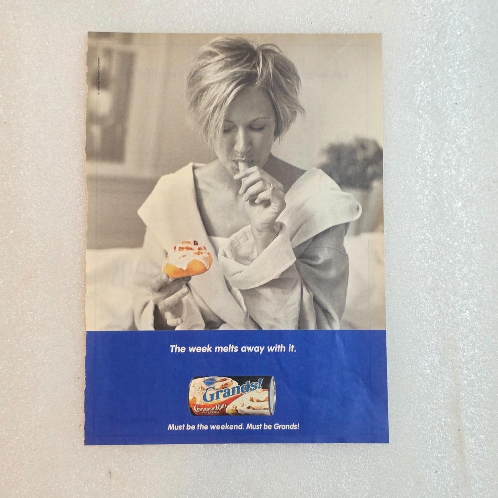 Vintage Print Ad Pillsbury Grands Cinnamon Rolls blonde model B&W 8x10.5 2000